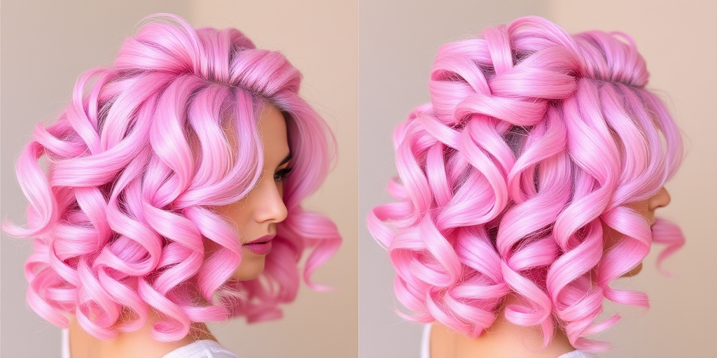Pastel pink and lilac hues blend harmoniously in the "Cotton Candy Cloud" hairstyle, featuring voluminous, bouncy curls that resemble fluffy clouds at sunset. Soft, face-framing tendrils add a touch of whimsy, while the crown is teased for extra height and drama. Subtle sparkles throughout the hair catch the light, creating a magical, dreamy effect.