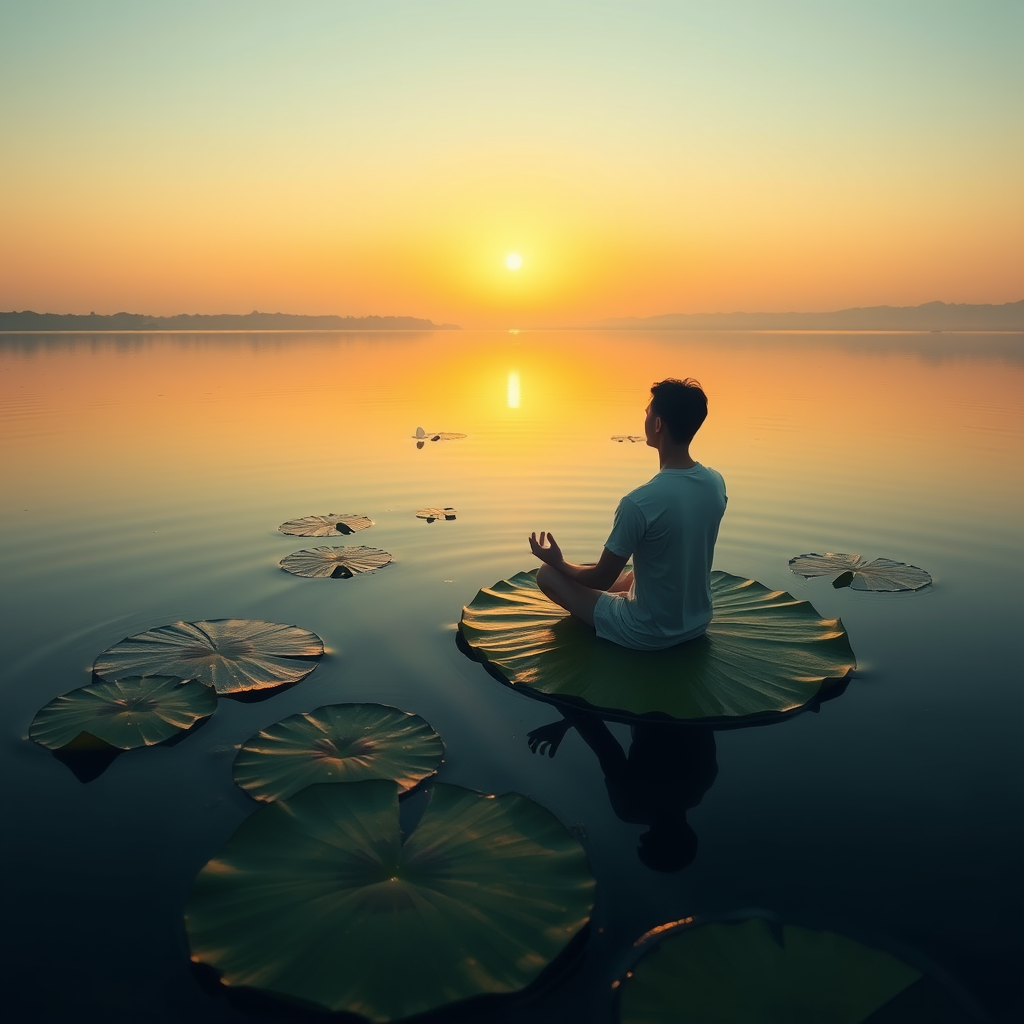 Create a serene scene of a man meditating on a lily pad in a tranquil lake at sunset, with soft reflections in the water, captured with a DSLR camera at f/2.8, 1/100 sec, ISO 200, wide-angle lens, natural light, in an illustrative style.