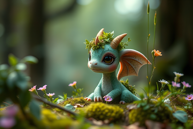 Create a fantastical scene featuring a cute, small creature resembling a dragon or sprite, adorned with lush greenery and tiny flowers, sitting in a mystical forest setting, using a DSLR camera with a 50mm lens, aperture set to f/1.8 for shallow depth of field, ISO 200, and soft, diffused lighting for a dreamy effect.