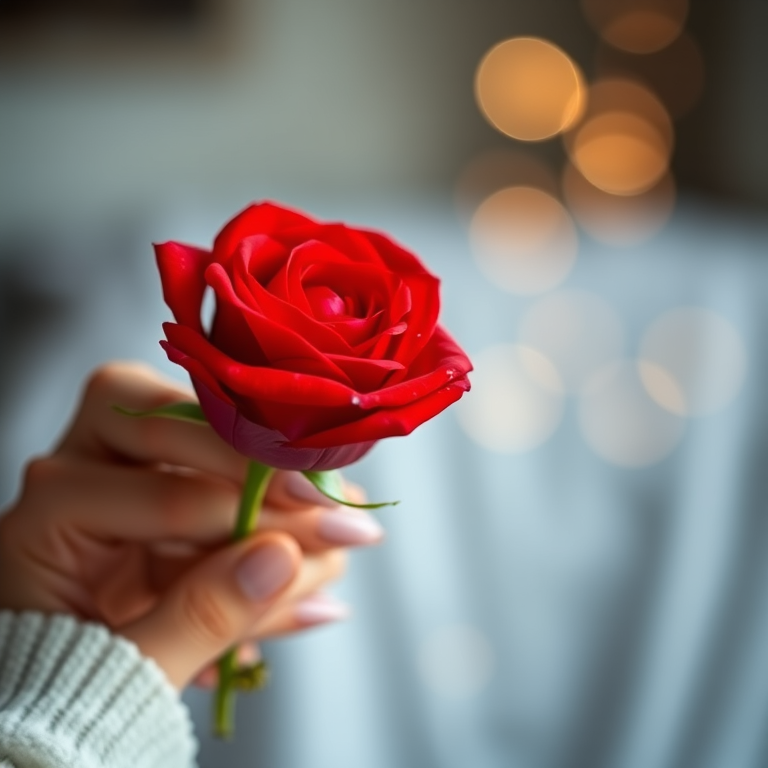 Capture a close-up image of a person holding a single vibrant red rose in a softly lit environment, using a DSLR camera with a 50mm lens, f/1.8 aperture, ISO 100, and a shallow depth of field to create a dreamy bokeh background.