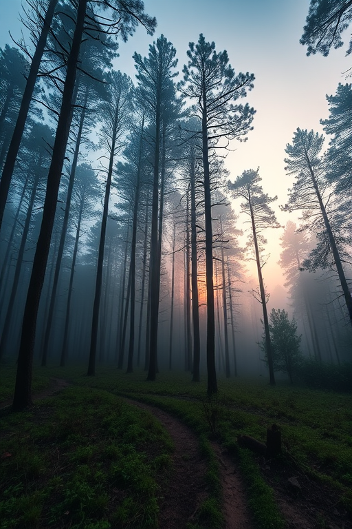Generate a high-resolution image of a serene landscape featuring a misty forest at dawn, with soft lighting, using a Canon EOS R5, f/8 aperture, ISO 100, 24mm lens, shot from a low angle view with a wide perspective.