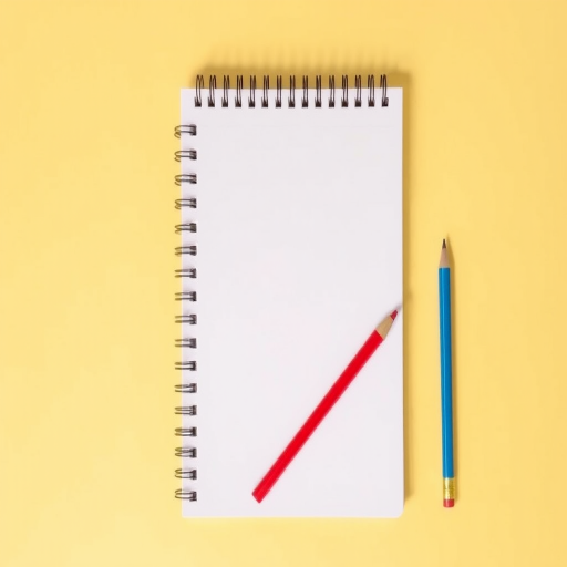 A flat lay composition featuring a blank spiral notebook at the center with a red pencil, a blue pen, and a brown pencil placed around it on a soft yellow background, captured with a DSLR camera at f/2.8, 1/125 sec, ISO 100, using a 50mm lens and natural light for a vibrant look.