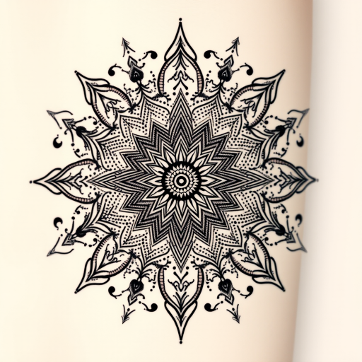 Dotwork mandala tattoo called "Cosmic Harmony" incorporating intricate patterns and sacred geometry formed entirely of tiny dots with gradual shading and symmetrical designs