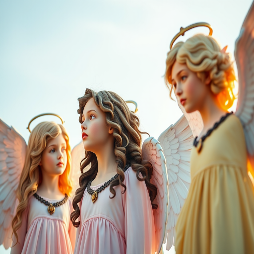 Create a vibrant, high-resolution image of four distinct angels in a harmonious composition, using a Canon EOS R5 camera with a 50mm f/1.2 lens, aperture set to f/1.8 for a dreamy background effect, capturing the scene in soft natural light from the left, with a slight vignette for depth.