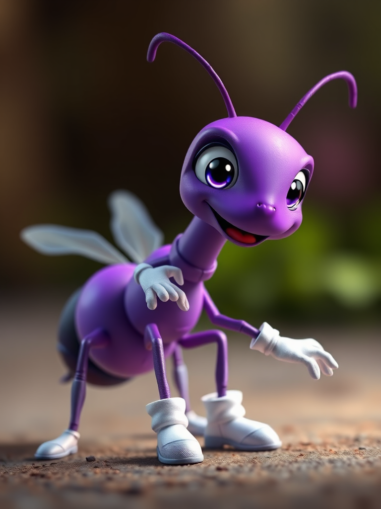 Create a vibrant cartoon character of a purple ant with a cheerful expression, wearing white gloves and shoes, digitally painted with high contrast, captured using a DSLR camera with a 50mm lens, f/1.8 aperture, ISO 100, and soft lighting for enhanced details.