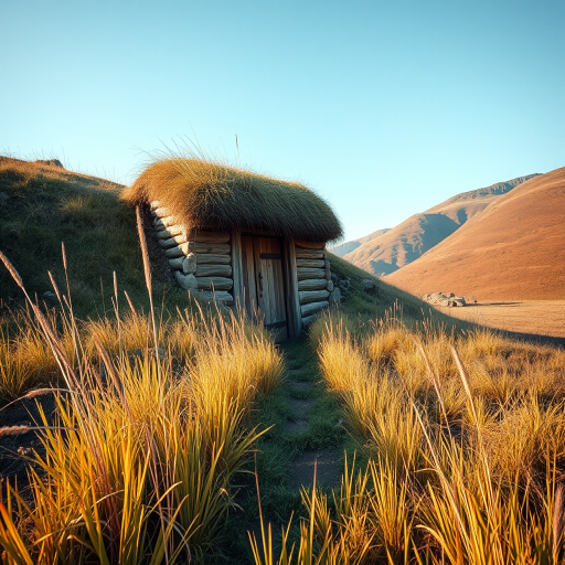 Generate an image of a grass-roofed wooden door set in a hillside, taken with a Canon EOS R5 at f/8, ISO 100, 1/200s, with a 24-70mm lens from a low angle to highlight the texture of the grass and the path leading to the door, in natural morning light for enhanced clarity and depth.