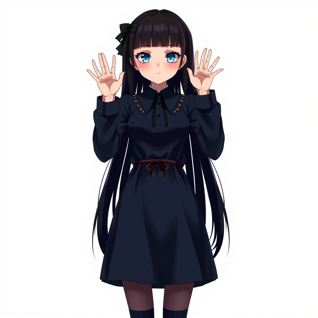 Digital art, full height portrait of Wednesday Addams, standing up with her hands in the air as if in a hold-up. Her dark, gothic attire replaces Alice’s classic blue dress, and she wears black shoes instead of blue. A small, neat black bow adorns her hair, capturing her signature style. The overall composition maintains a whimsical yet eerie tone, similar to Alice in Wonderland, while showcasing Wednesday’s iconic gothic charm.