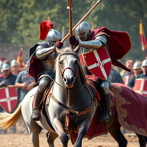 Two knights in full armor jousting on horseback, dynamic action shot, DSLR camera, 50mm lens, f/2.8, ISO 200, shutter speed 1/1000s, natural light, focus on knights with blurred background for depth.