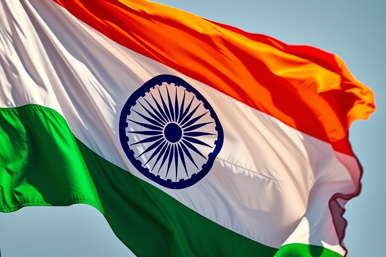 Create a highly detailed image of the Indian national flag waving in the wind, captured with a Canon EOS R5, 50mm lens, f/1.8 aperture, ISO 100, 1/200 sec shutter speed, in natural daylight to emphasize color vibrancy and texture.