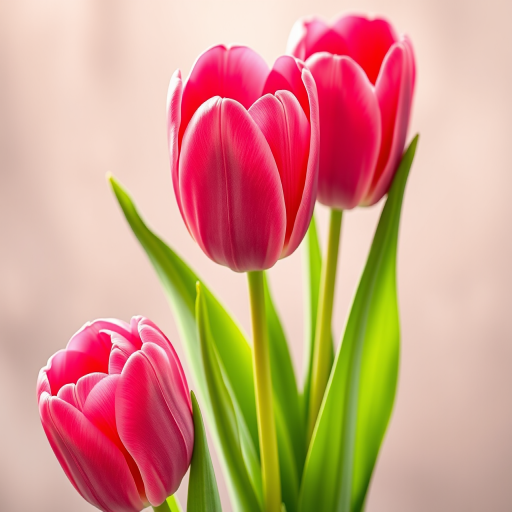 Create a high-resolution illustration of three vibrant pink tulips with green leaves, using a macro lens, aperture f/2.8, ISO 100, with a focus on the flowers against a softly blurred background, capturing fine details and rich colors.