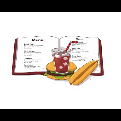 illustration of an open menu featuring a burger, a drink with ice, and a corn dog on a plain background, captured with a DSLR camera, f/2.8 aperture, 50mm lens, natural lighting, 300dpi resolution