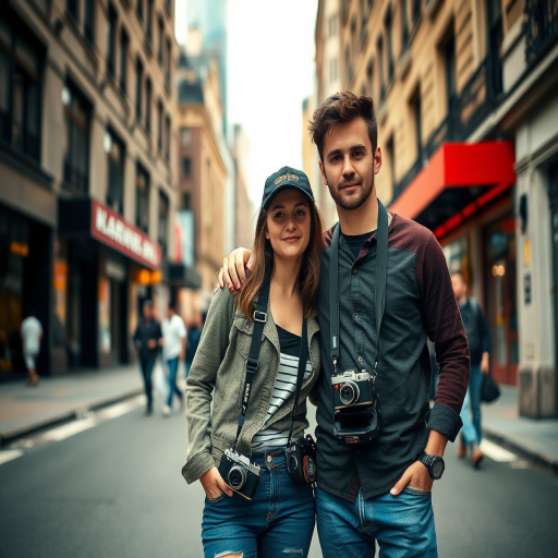 Capture a candid moment of two individuals in casual attire standing close together on a city street, with retro cameras hanging from their waists, using a full-frame DSLR with a 50mm lens, aperture set to f/2.8 for a shallow depth of field, ISO at 400, and a shutter speed of 1/125 sec, focusing on the dynamic urban background for enhanced detail and perspective.