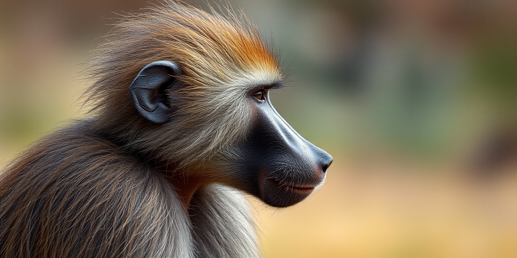 Capture a high-resolution image of a baboon in profile with a shallow depth of field, using a DSLR camera with a 50mm lens, aperture set to f/1.8, ISO 400, and a soft focus background to enhance detail on the subject.