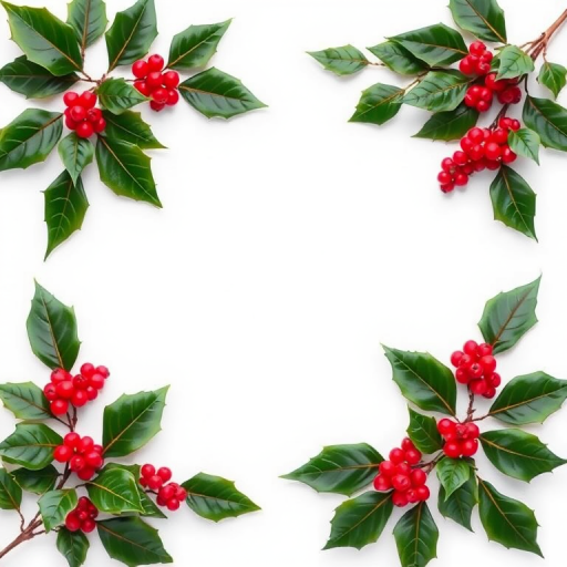 Create an image of a festive border made of holly leaves and red berries, shot with a DSLR camera, 50mm lens at f/2.8, natural light, in a clean white background setting to enhance image quality.