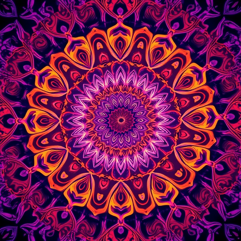 create an intricate mandala pattern blending purple and orange hues with swirling designs, captured with a Canon EOS R5 at f/8, ISO 100, 24mm lens, high dynamic range, and soft focus for depth