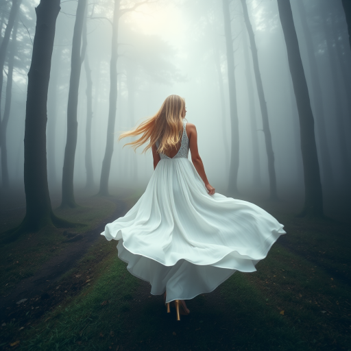 A wide-angle shot of a blonde woman standing on a misty forest path, wearing a flowing white dress. The rich fabric of her skirt billows gently in the wind, while her long blonde hair flows freely in the same breeze. The surrounding forest is enveloped in soft mist, creating a dreamy and ethereal atmosphere. Above her, the sunlight gently breaks through the fog, casting a faint glow over the scene. The woman's serene posture and the soft, natural light create a peaceful and mystical mood.