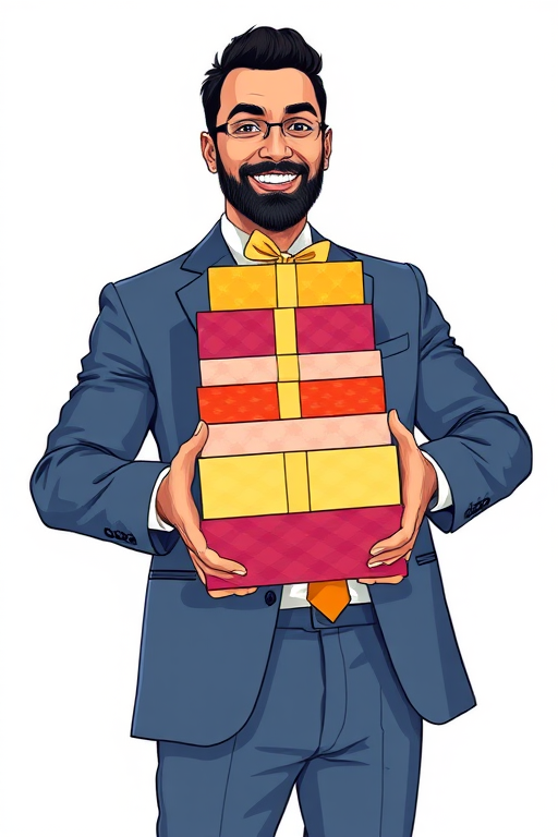 Create a digital illustration of a businessman in a suit, confidently presenting a stack of colorful gift boxes, using a high-resolution digital camera with a 50mm lens at f/1.8, shot from a slightly low angle to enhance perspective, in vibrant colors with smooth vector lines and a clean background for emphasis.