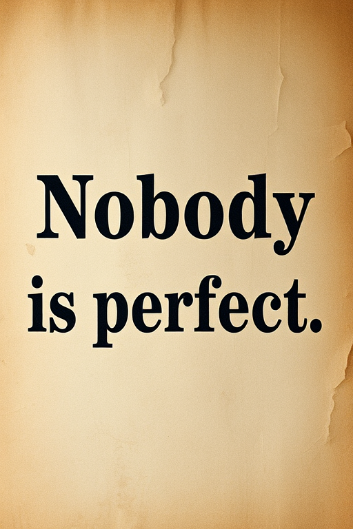 Create an artistic image with the text "Nobody is perfect" in a vintage font on a textured parchment background, use a DSLR camera, aperture f/2.8, ISO 100, 35mm lens, and natural light to enhance image quality.