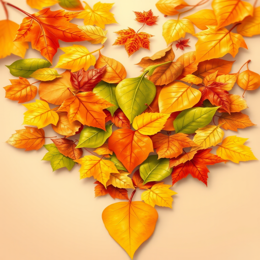 Create an illustration of a heart-shaped arrangement of various leaves in vibrant autumn colors like orange, yellow, and green, using a digital painting style, high resolution, with a soft focus effect to add depth and warmth.
