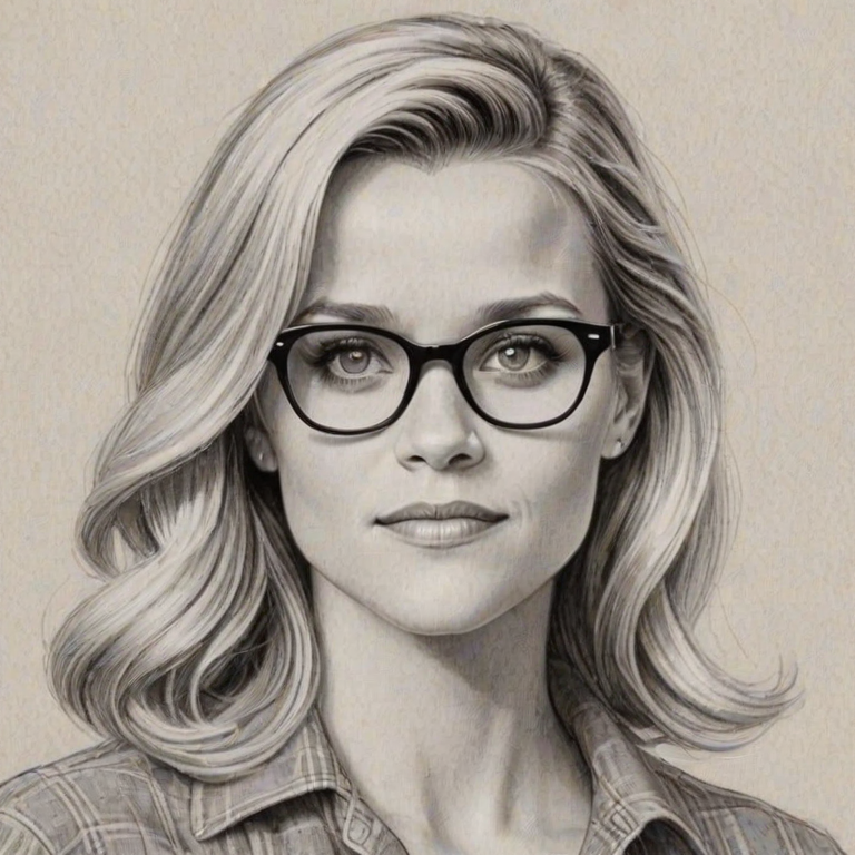 Enchanting Reese Witherspoon, pencil sketch, portrait of Attractive woman 1951s in glasses, hair style beatnik, outline, clear lines, fine lines, 8k