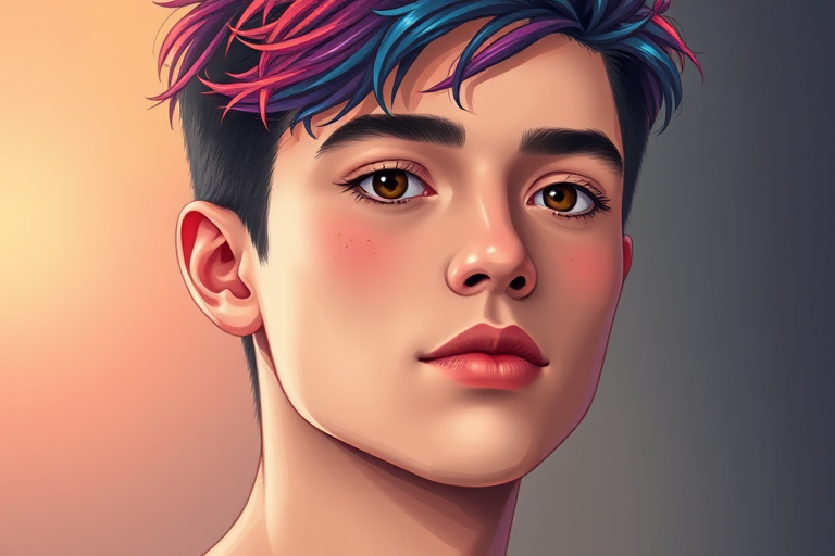 portrait of a young man with colorful hair, soft glowing background, high detail, sharp focus, shallow depth of field, 85mm lens, f/1.8, ISO 100, natural light, digital illustration style