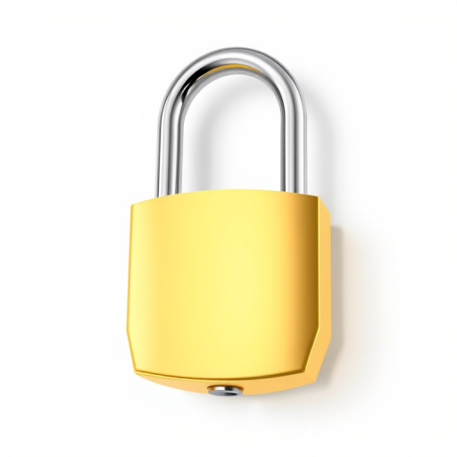 Create a high-resolution digital illustration of a shiny gold padlock with a smooth surface and reflective silver shank, using a 50mm lens, f/4 aperture, ISO 100, in a soft light setting, with a clean white background and slight shadows for depth.