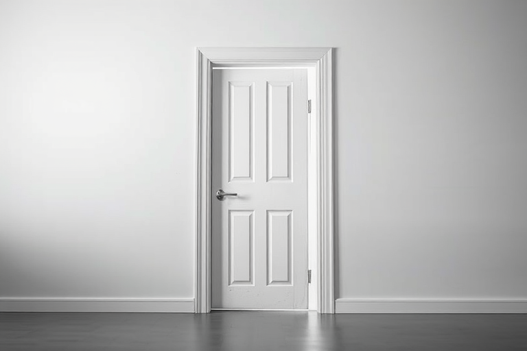 Create a high-resolution image of a partially open door, camera settings: f/2.8 aperture, ISO 100, shutter speed 1/60s, camera view: eye-level perspective, camera style: minimalist, camera type: DSLR.