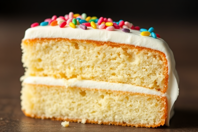 A slice of vanilla cake with white frosting and colorful sprinkles on top, showcasing the soft texture and layered interior of the cake.