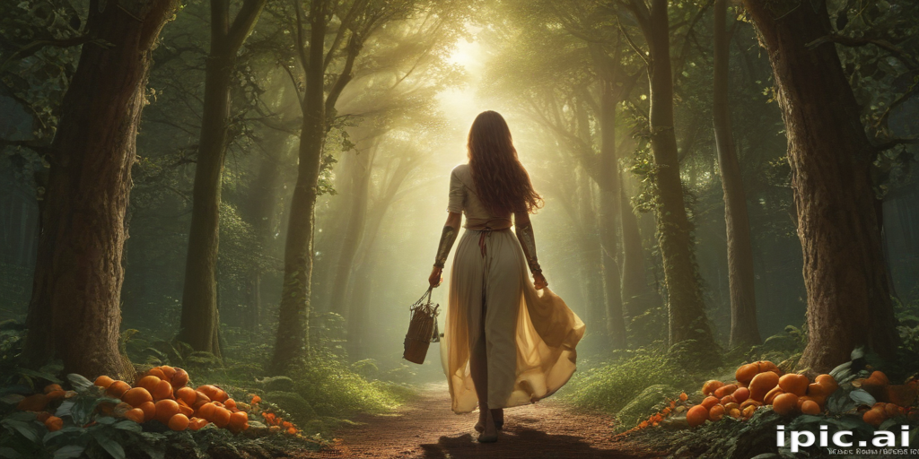 A Mystical Forest Path: A Woman's Journey Through Sunlit Trees and Oranges