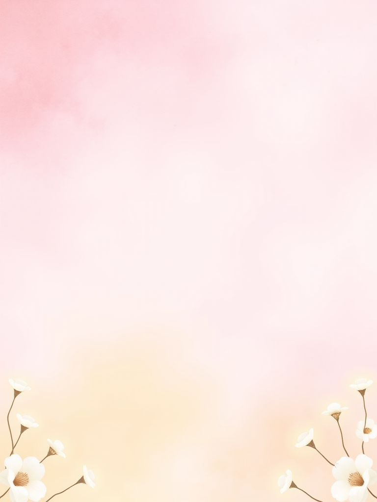 Create a soft pastel pink background with a textured appearance, transitioning from pink at the top to a light yellow at the bottom, framed with subtle white floral elements along the edges.
