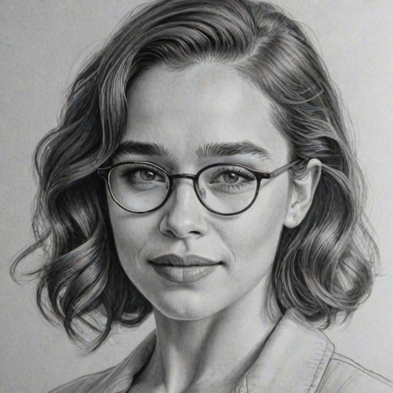 Enchanting Emilia Clarke, pencil sketch, portrait of Delightful woman 1942s in glasses, hair style beatnik, outline, clear lines, fine lines, 8k