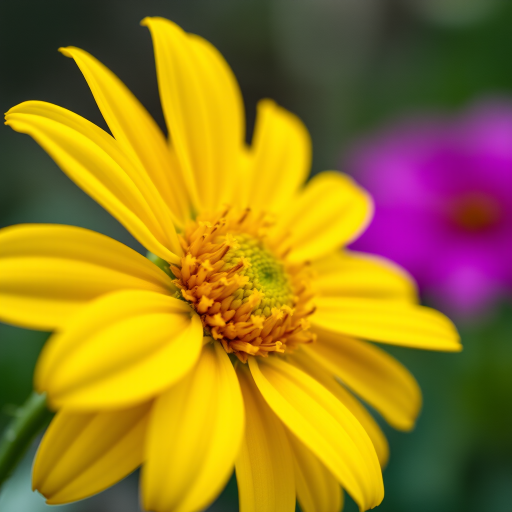 Close-up of a vibrant yellow flower with a soft focus background, shot with a macro lens at f/2.8, shutter speed 1/200s, ISO 100, in natural light, emphasizing the texture of the petals and the details of the center, using a DSLR camera.