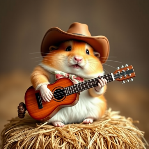 A chibi hamster, dressed as a cowboy, playing guitar, sitting on a hay bale