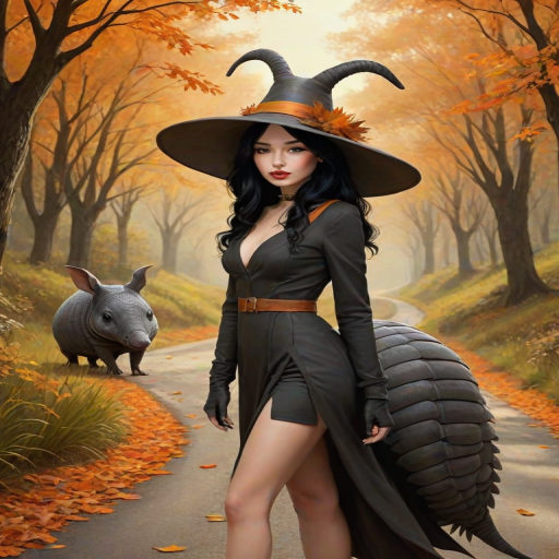 digital art fantasy depicting a strange girl with black hair, long eyelashes, orange lipstick and a tall hat walking along a winding road on an autumn afternoon, an armadillo smiles as he passes