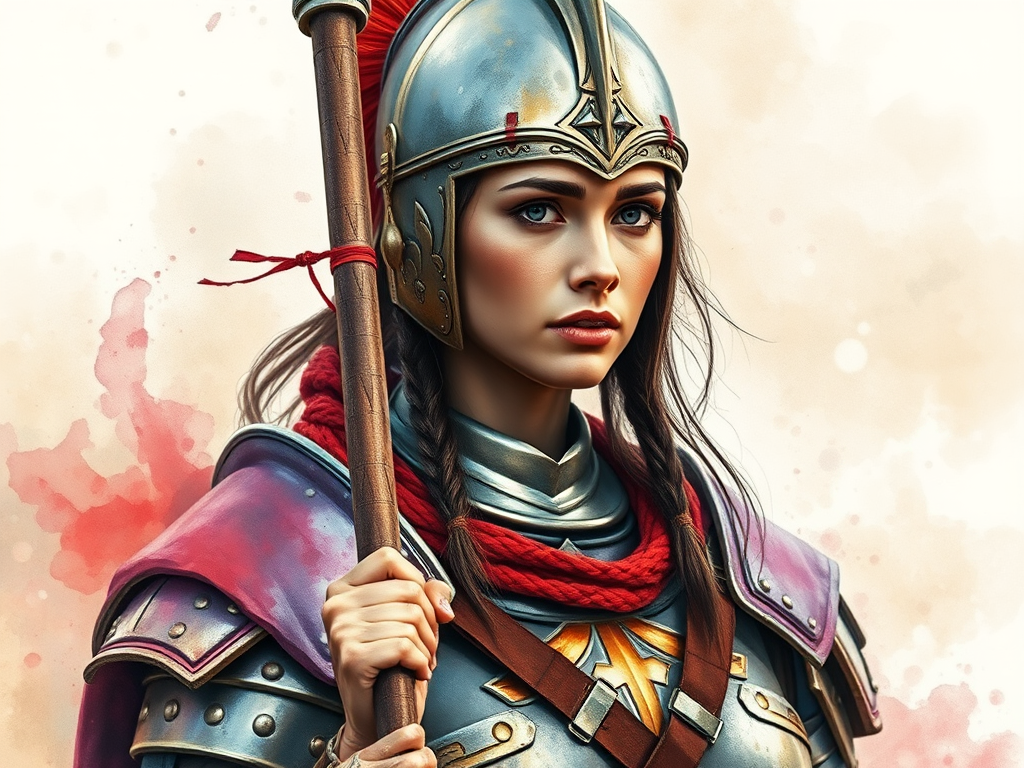 portrait of a warrior woman in shining armor with a spear, vibrant watercolor style, soft focus background, shot with a Canon EOS R5 at f/2.8, ISO 100, 50mm lens, natural light for enhanced detail and color contrast