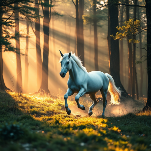 Create an enchanting scene of a unicorn galloping through a mystical forest at dawn, with soft rays of sunlight filtering through the trees, using a full-frame DSLR camera, 50mm lens at f/1.8, ISO 100, and a shutter speed of 1/200s for a dreamy, ethereal glow.