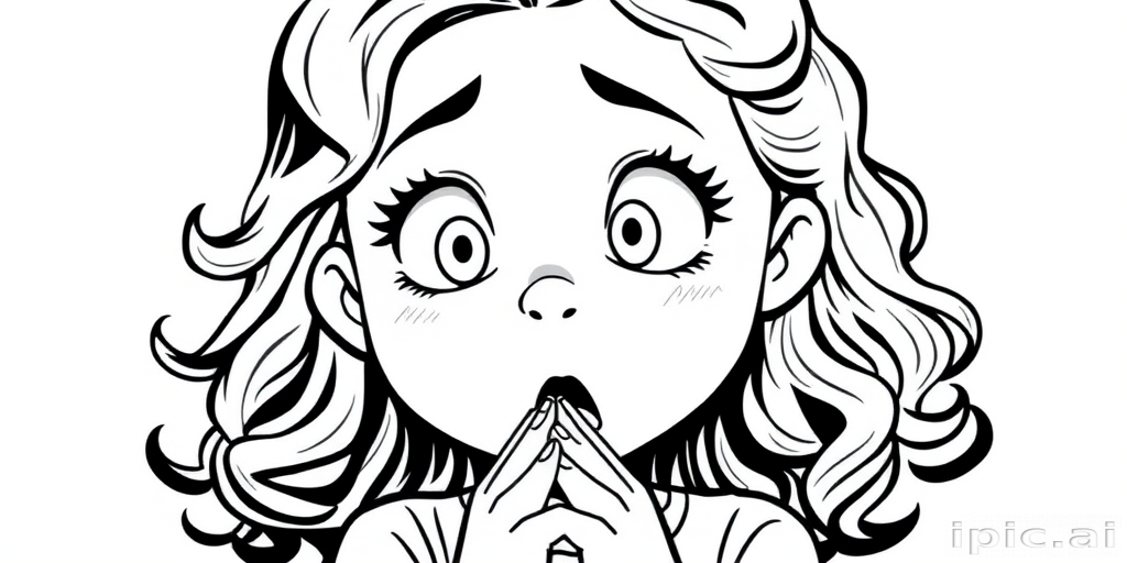 The image is a black and white illustration of a young girl with curly hair. She has a surprised expression on her face with her mouth open and her hands clasped together in front of her chest. Her eyes are wide and her eyebrows are furrowed. Her hair is styled in loose curls that are cascading down her back. The overall mood of the image is one of shock or surprise.