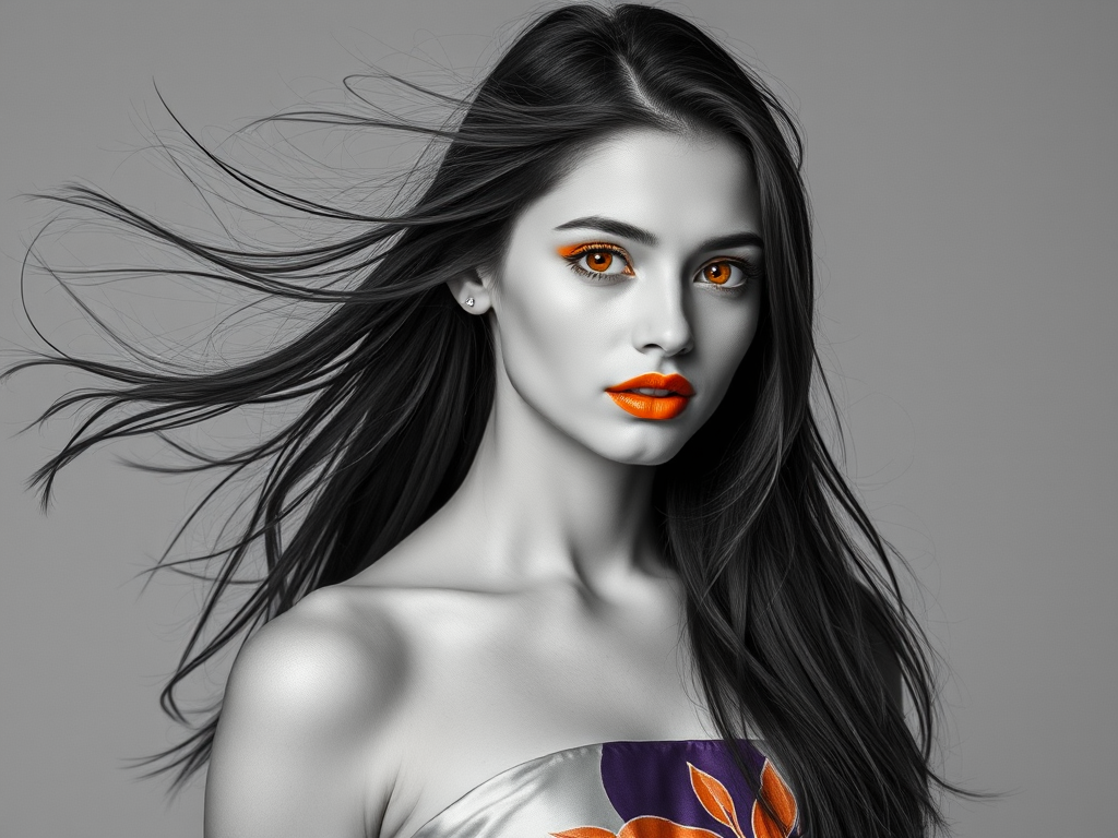 Photographic image of a beautiful young Kurdish woman, orange eyes, lips with Yellow lipstick, long hair fluttering in the wind and wearing a silk strapless dress with a soft purple and orange print. monochrome image with only color highlights in the iris of the eyes, lipstick and dress. Gray background.