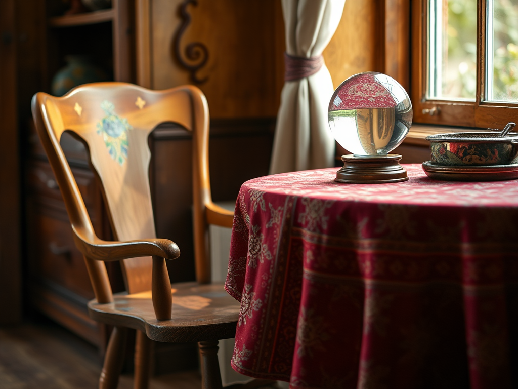 A cozy interior scene featuring a vintage wooden chair next to a table with a red patterned tablecloth and a crystal ball on top, shot with a Canon EOS 5D Mark IV, 50mm lens, f/1.8 aperture, ISO 200, in natural light from a window, focusing on rich textures and warm tones.