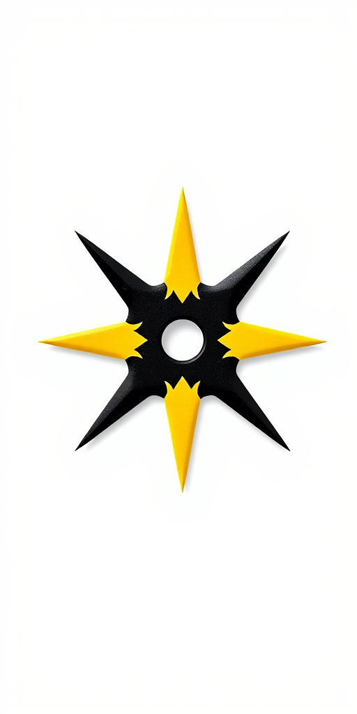 Create an illustration of two ninja stars, one black and one yellow, featuring sharp points and circular holes in the center, set against a simple white background, taken with a DSLR camera at f/8 aperture, ISO 200, 50mm lens, and a view from a slight top angle for enhanced depth and color contrast.