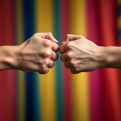 Two hands fist-bumping against a blurred colorful background, captured with a Canon EOS R5, 50mm lens, f/1.8 aperture, ISO 100, shutter speed 1/200s, in a soft-focus style for added depth.