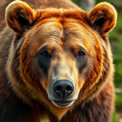Capture a close-up of a brown bear in a natural setting, using a DSLR camera, 85mm lens, aperture f/2.8, ISO 400, shutter speed 1/250s, natural lighting, shallow depth of field for a blurred background, focused on the bear's face.