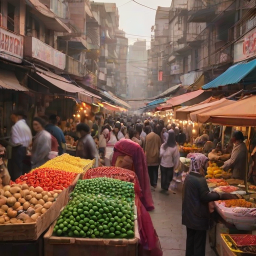Blurry, grainy shot of a bustling street market at dusk, soft golden light reflecting off colorful umbrellas, with distant vendors selling spices, fruits, and hand-crafted items.