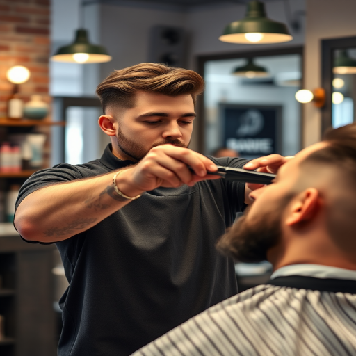 A stylish barber cutting a man's hair in a trendy barbershop, natural lighting, high resolution, 50mm lens, f/1.8 aperture, ISO 200, soft focus background.