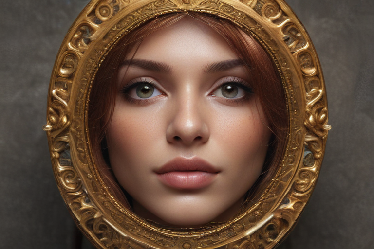 Striking Portrait of a Young Woman Framed by an Ornate Mirror