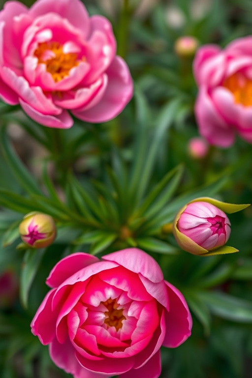 Create a high-resolution image of a blooming pink peony flower, shot with a 50mm f/1.8 lens at ISO 100, with a soft-focus background, from a top-down perspective, using a DSLR camera for enhanced detail and color vibrancy.