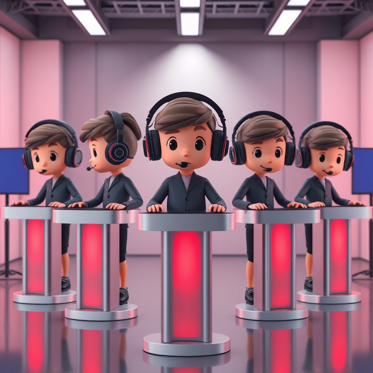 Create a 3D rendering of five cartoon-like humanoid figures wearing headphones, standing at sleek podiums in a modern studio environment, using a Canon EOS R5 with a 50mm lens at f/1.8, ISO 100, and a soft lighting setup for enhanced clarity and detail.