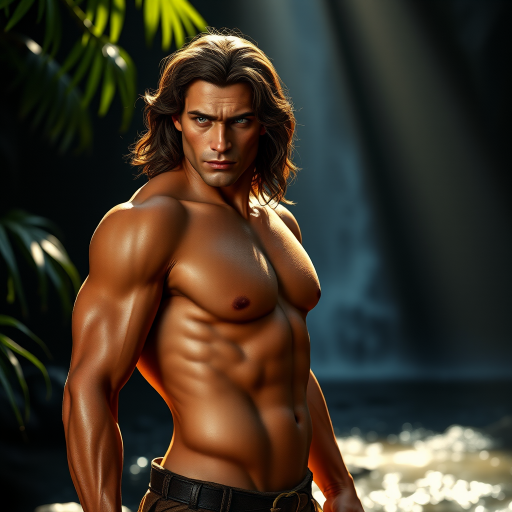 ultra-realistic and very detailed image, high resolution and definition of Tarzan. he is looking towards the camera, in a majestic pose. haughty air. Elegant, toned body. he's standing by a stream in the jungle. the sunlight filtered through the trees falls on Tarzan's body. the background is a dark, out-of-focus image of a waterfall. Create contrasts of light and shadows and textures for realism
