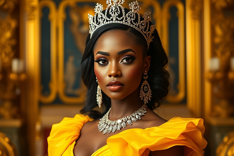 A gorgeous Zambo woman in a luxurious Yellow gown, accessorized with a dazzling tiara and statement earrings, her deep black eyes highlighted by impeccable makeup, poised in a royal setting, photorealistic, 8K quality