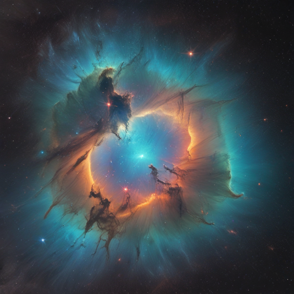 A beautiful and cool orange, blue, red, green nebula in a galaxy